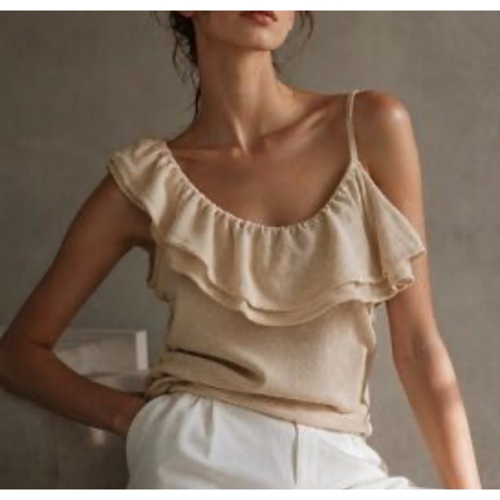 NWT Zara Women Tank Top L Beige‎ Ruffle One Shoulder Knit Boho Romantic Chic